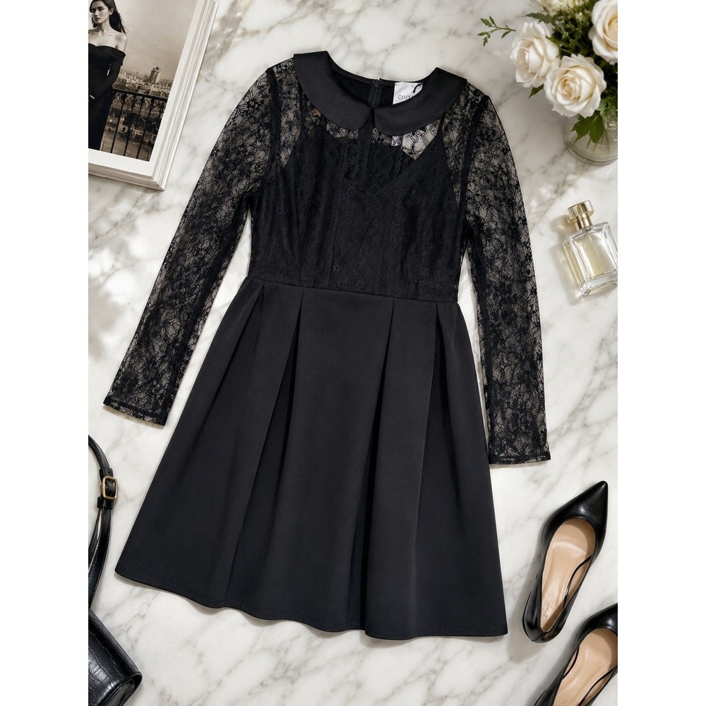 CO-TE Black Lace Dress Peter Pan Collar Ruffles Pockets Made In Italy, Size 46 - Picture 2 of 12